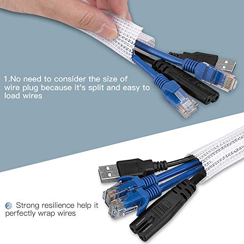 AGPTEK 3 Metros Organizador de Cables, Canaleta para Cables Cierrra Automático, Revestimiento de Cable Tejido Recortable, Flexible, Diámetro 12 – 20 mm, Adecuado para Escritorio, TV, Suelo, Blanco