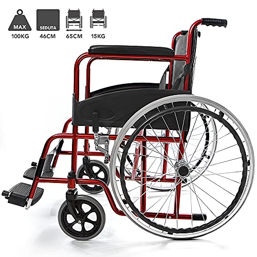 AIESI® Silla de Ruedas plegable ligera de autopropulsión para discapacitados y mayores AGILA BASIC # Reposabrazos y Reposapiés fijos # Cinturon de seguridad # Garantía de 24 meses