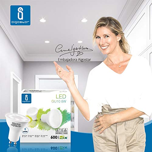 Aigostar -Bombilla LED 8W GU10, Luz blanca fría 6400K, 600lm, Esmerilada, no regulable - Caja de 5 unidades