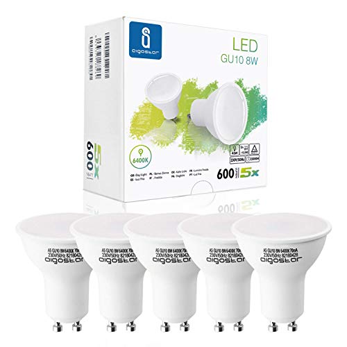 Aigostar -Bombilla LED 8W GU10, Luz blanca fría 6400K, 600lm, Esmerilada, no regulable - Caja de 5 unidades
