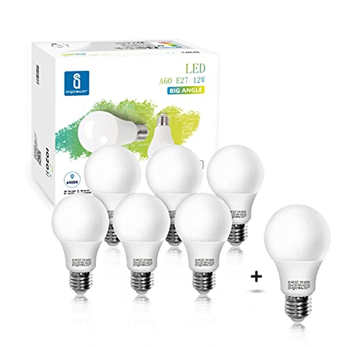 Aigostar Bombilla LED E27 12W, Luz blanca fría 6400K, 1020 lúmenes, Lámpara A60, Ángulo 280º, Ahorro de energía, No regulable - Caja de 7 unidades