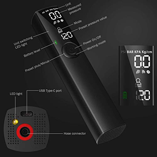 Aimocar Bomba de neumáticos, LCD Recargable Bomba de Bicicleta Aire Inflador electrico Compresor 120PSI 1200mAh Batería de Litio con Linterna LED para Coche, Bicicletas, Motocicletas, Pelotas