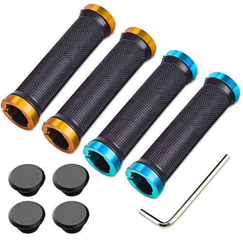 Aiqeer 2 Pares Puños Bicicleta Montaña, Puños Manillar Goma Antideslizante Ergonomicos, Puños Manillar Bici Doble Bloqueo, Empuñadura BMX, Puños MTB, para Mango con Diámetro 22 mm (Dorado + Azul)