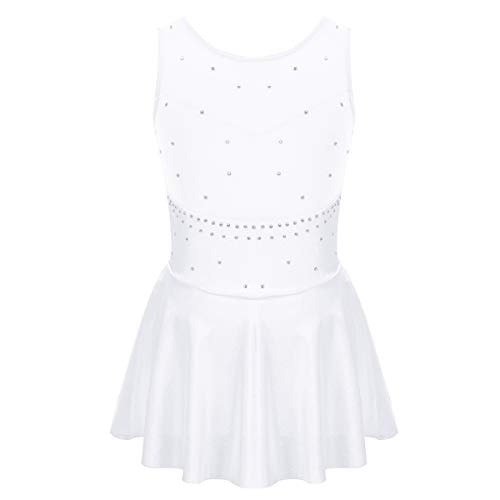 Aislor Niñas Vestido de Patinaje Artístico Maillot de Gimnasia Elástico sin Mangas con Diamantes Leotardo Monos de Baile Infantil Traje Ropa de Patinador Vestido de Danza Blanco 5-6 años