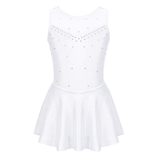 Aislor Niñas Vestido de Patinaje Artístico Maillot de Gimnasia Elástico sin Mangas con Diamantes Leotardo Monos de Baile Infantil Traje Ropa de Patinador Vestido de Danza Blanco 5-6 años