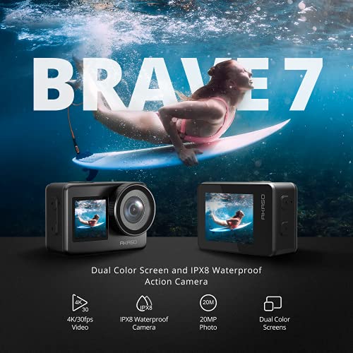 AKASO Cámara Deportiva WiFi 4K EIS 2.0 20MP Cámara de Acción con Dual Pantalla Táctil con Control Remoto Soporte Control de Voz de Micrófono Externo con 2 Baterías 1350 mAh Cámara de Vlog (Brave 7)