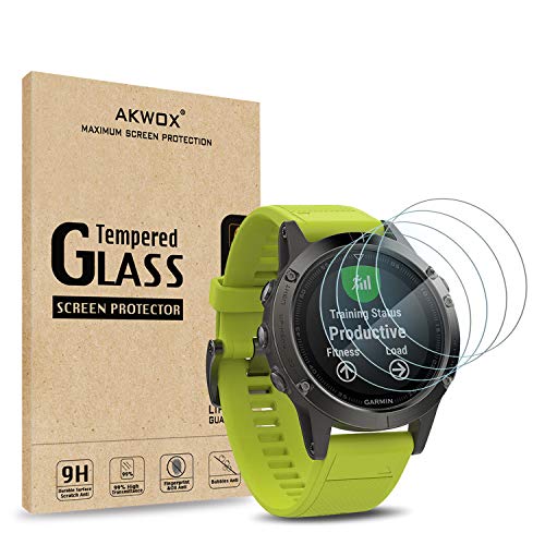 AKWOX [4 Unidades] Protector de Pantalla para Garmin Fenix 5 [9H Dureza] Cristal Vidrio Templado para Garmin Fenix 5 Cristal Templado-NO para Fenix 5s/5x