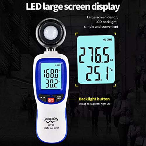 Alianthy Medidor de Temperatura Ambiente portátil Iluminómetro de Mano Lux/FC Fotómetro Probador WT81 Luxómetro Digital 0~200,000lux Medidor de luz, luxómetro con Pantalla LCD en Color de 4 dígitos