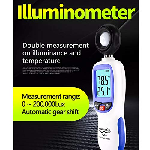 Alianthy Medidor de Temperatura Ambiente portátil Iluminómetro de Mano Lux/FC Fotómetro Probador WT81 Luxómetro Digital 0~200,000lux Medidor de luz, luxómetro con Pantalla LCD en Color de 4 dígitos