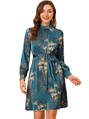 Allegra K Vestido Floral De Una Línea De Manga Larga con Columpio hasta La Rodilla Y Cuello Simulado para Mujer Azul Pavo Real Satinado XL