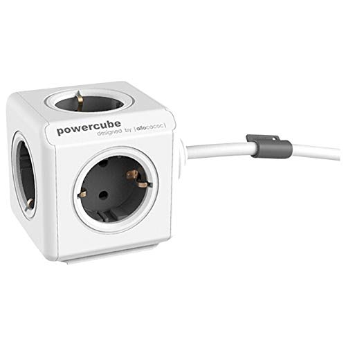 Allocacoc PowerCube Extended, Ladrón multiple con 5 enchufes en forma de cubo, 250V, color blanco y gris