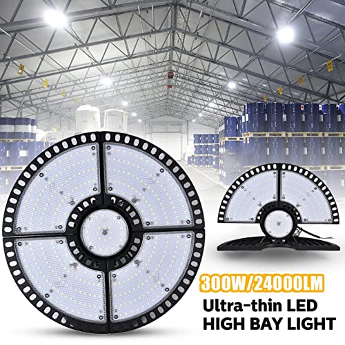 A/M 300W UFO LED High Bay Light, 24000LM LED Workshop Lights, 6500K Cold White Deformable LED Warehouse Lighting, Commercial Bay Lighting para Garaje, fábrica, Gimnasio, sótano, área de Tienda