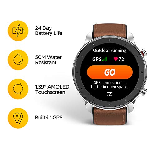 Amazfit GTR 47mm Reloj Inteligente Deportivo AMOLED de 1.39",GPS GLONASS Integrado Frecuencia Cardíaca de 24 Horas Larga duración de batería 12 Deportes Diferentes Acero Inoxidable