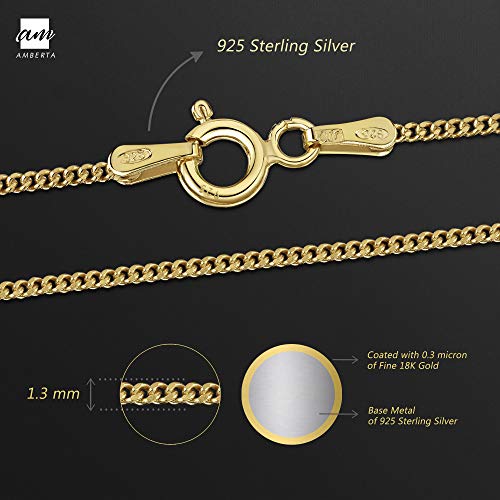 Amberta® Joyería - Collar - Fina Plata De Ley 925-18K Chapado en Oro - Cadena de Frenar - 1.3 mm - 40 45 50 55 60 70 cm (50cm)