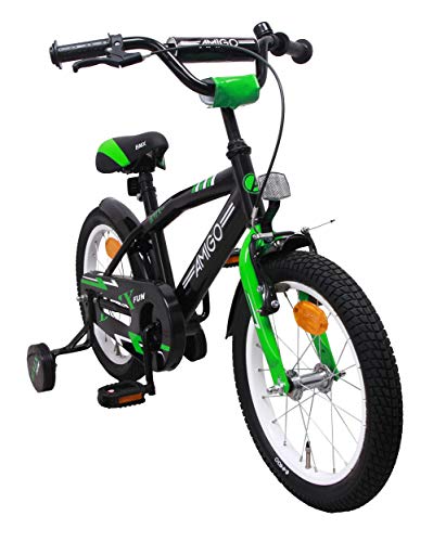 Amigo BMX Fun - Bicicleta Infantil de 16 Pulgadas - para niños de 4 a 6 años - con V-Brake, Freno de Retroceso, Timbre y ruedines - Negro/Verde
