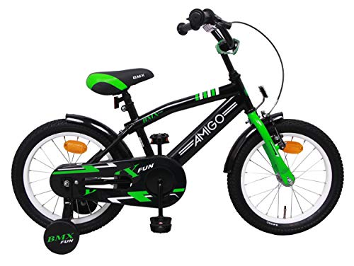 Amigo BMX Fun - Bicicleta Infantil de 16 Pulgadas - para niños de 4 a 6 años - con V-Brake, Freno de Retroceso, Timbre y ruedines - Negro/Verde
