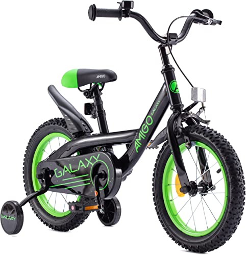 Amigo Galaxy - Bicicleta infantil para niño, 16 pulgadas, con freno de mano, contrapedal, portaequipajes delantero, manillar acolchado y ruedas de apoyo, para niños a partir de 4 años, color negro
