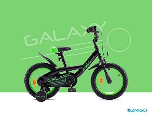 Amigo Galaxy - Bicicleta infantil para niño, 16 pulgadas, con freno de mano, contrapedal, portaequipajes delantero, manillar acolchado y ruedas de apoyo, para niños a partir de 4 años, color negro