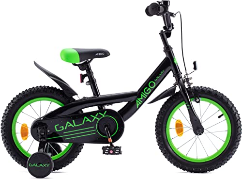 Amigo Galaxy - Bicicleta infantil para niño, 16 pulgadas, con freno de mano, contrapedal, portaequipajes delantero, manillar acolchado y ruedas de apoyo, para niños a partir de 4 años, color negro