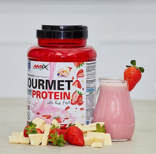 Amix - Gourmet Protein - Suplemento Alimenticio - Mejora del Rendimiento - Contiene Aminoácidos Bcaa - Glutamina en Polvo - Nutrición Deportiva - Sabor a Fresa-Choco Blanco - Bote de 1 Kg