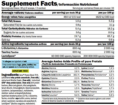 Amix - Gourmet Protein - Suplemento Alimenticio - Mejora del Rendimiento - Contiene Aminoácidos Bcaa - Glutamina en Polvo - Nutrición Deportiva - Sabor a Fresa-Choco Blanco - Bote de 1 Kg