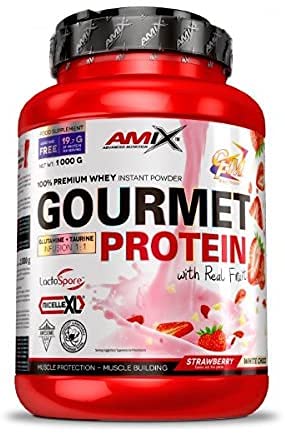 Amix - Gourmet Protein - Suplemento Alimenticio - Mejora del Rendimiento - Contiene Aminoácidos Bcaa - Glutamina en Polvo - Nutrición Deportiva - Sabor a Fresa-Choco Blanco - Bote de 1 Kg