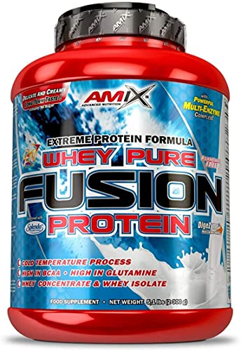 AMIX, Proteína Whey, Pure Fusión, Concentrado de Suero Ultra Filtrado, Sabor a Doble chocolate blanco, Proteínas para Aumentar Masa Muscular, Proteína Isolada con Splenda, Contiene L-glutamina, 2,3 Kg