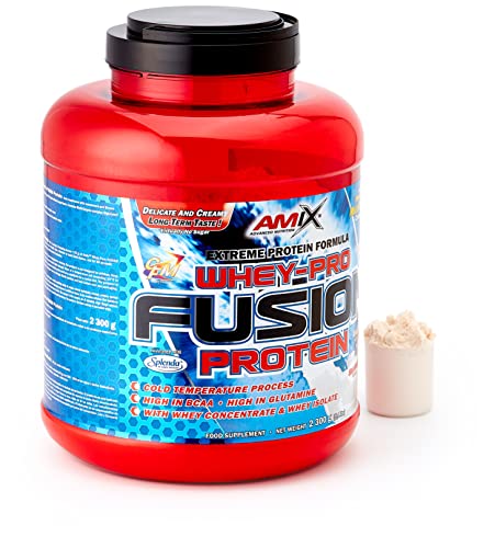 AMIX, Proteína Whey, Pure Fusión, Concentrado de Suero Ultra Filtrado, Sabor Fresa, Proteínas para Aumentar Masa Muscular, Proteína Isolada con Splenda, Contiene L-glutamina, 2,3 Kg