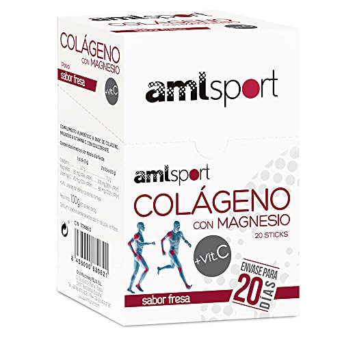 AMLsport - Colágeno con magnesio + VIT C – 20 sticks (sabor fresa). Articulaciones fuertes. Regenerador de tejidos con colágeno hidrolizado tipo 1 y 2. Envase para 20 días de tratamiento.