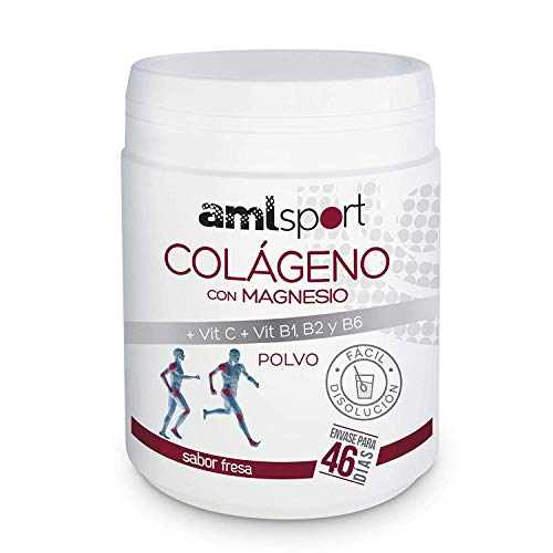 AMLsport - Colágeno con magnesio + vit c, b1, b2 y b6 – 350 gramos (sabor fresa) articulaciones fuertes. Regenerador de tejidos con colágeno hidrolizado tipo 1 y 2. Envase para 46 días.
