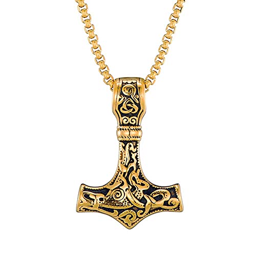 AMOZ Colgante de Martillo Mjolnir de 's Thor' para Hombre - Collar de Mitología de Acero Inoxidable Vikingo Nórdico, Cadena de Ciclista de Nudo Irlandés de 24 'Con Caja de Regalo, Moda,Oro