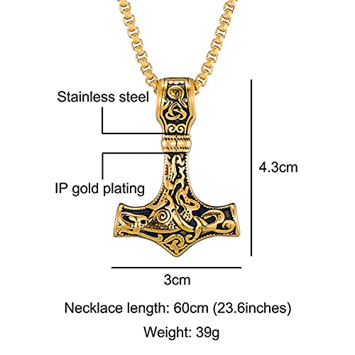 AMOZ Colgante de Martillo Mjolnir de 's Thor' para Hombre - Collar de Mitología de Acero Inoxidable Vikingo Nórdico, Cadena de Ciclista de Nudo Irlandés de 24 'Con Caja de Regalo, Moda,Oro