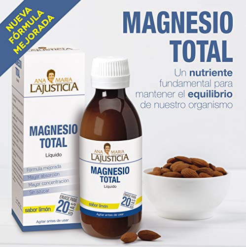 Ana Maria Lajusticia - Magnesio total – 200 ml (sabor limón). Disminuye la fatiga y mejora el funcionamiento del sistema nervioso. Apto para veganos. Envase para 20 días de tratamiento.