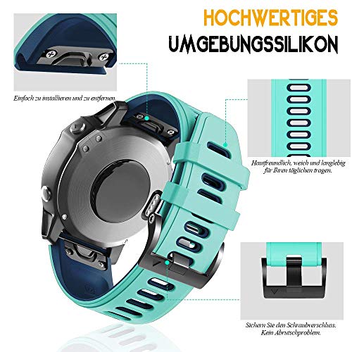 ANBEST Compatible con Fenix 6/Fenix 5/Fenix 5 Plus/Fenix 6 Pro Correa, Pulsera de Repuesto de Silicona de Liberación Rápida de 22mm para Forerunner 935/945/Approach S60/Quatix 5, Menta/Azul