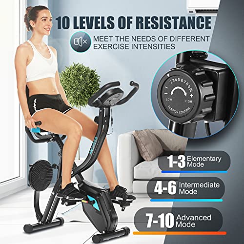 ANCHEER Bicicleta estática plegable, 10 niveles de resistencia magnética y asiento ancho cómodo, bicicleta de ejercicio en el interior, monitor digital (negro con respaldo)