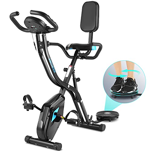 ANCHEER Bicicleta estática plegable, 10 niveles de resistencia magnética y asiento ancho cómodo, bicicleta de ejercicio en el interior, monitor digital (negro con respaldo)