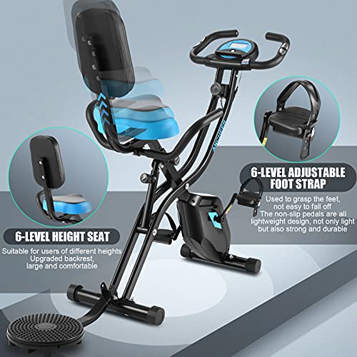 ANCHEER Bicicleta estática plegable, 10 niveles de resistencia magnética y asiento ancho cómodo, bicicleta de ejercicio en el interior, monitor digital (negro con respaldo)
