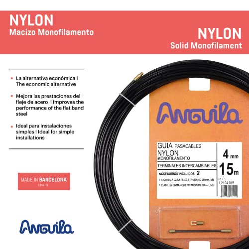 Anguila - Guía pasacables Nylon Monofilamento, 15 m, Diámetro 4 mm, Terminales Intercambiables, Negro.