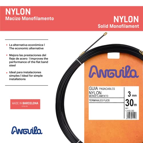 Anguila - Guía pasacables Nylon Monofilamento, 30 m, Diámetro 3mm, Terminales Fijos, Negro