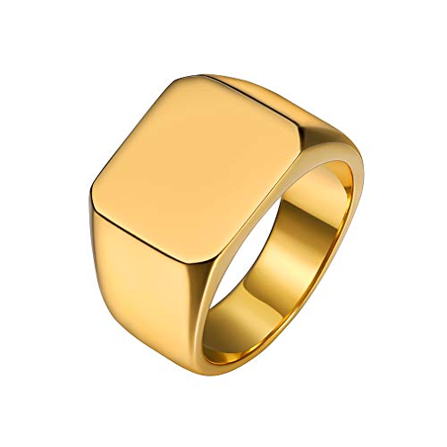 Anillo Dorado Hombre Acero Inoxidable 316L Chapado en Oro Amarillo Anillo Cerrado Talla 13 para Caballeros Anillo Sello Cuadrado Motorista