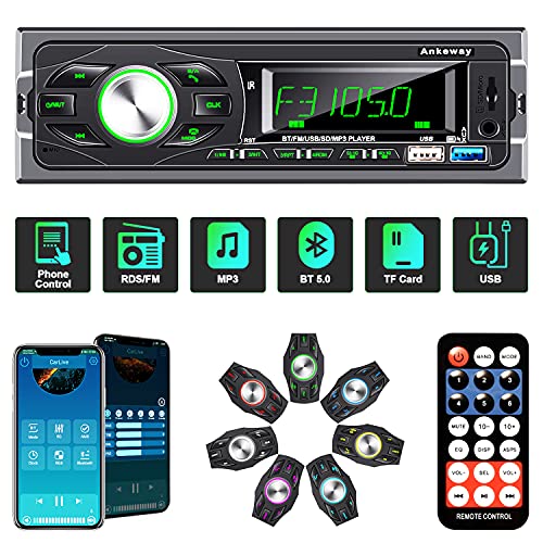 ANKEWAY RDS Radio Coche Bluetooth 5.0 con Asistente de Voz y Control de App, MP3/RDS/AM/FM Radio de Coche con Llamadas Manos Libres y Control Remoto, Soporta USB/Tarjeta TF/AUX/USB 3.0 de Carga Rápida