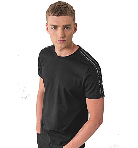 Antony Morato Camiseta de Cuello Redondo con Cinta con Logotipo sobre la Manga, Negro, XL para Hombre