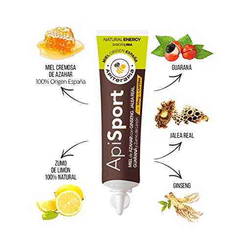 Apiterapia - Gel Energético Apisport - Miel de Azahar, Ginseng rojo, Guaraná y Jalea Real - Sabor lima - 100% Natural - Miel Origen España