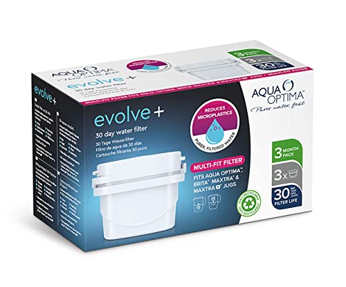 Aqua Optima Evolve+ cartucho de filtro de agua de 30 días, paquete de 3 (suministro de hasta 3 meses) - Compatible con más del 90% de las jarras filtrantes, incluidas Brita Maxtra y Maxtra+