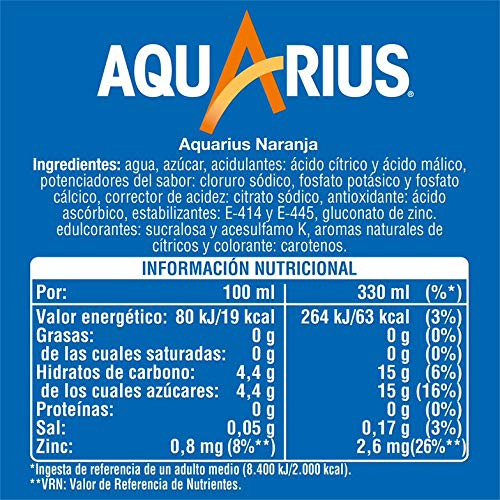 Aquarius Naranja - Bebida funcional con sales minerales, baja en calorías - Pack 9 latas 330 ml