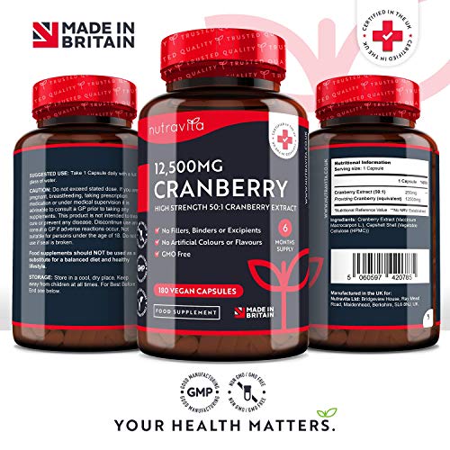 Arándano Rojo Capsulas 12,500 mg - 180 Cápsulas Apto Para Veganos - Suministro para 6 Meses - Extracto de Arándanos de Alta Potencia por Porción - Producto Elaborado en el Reino Unido por Nutravita