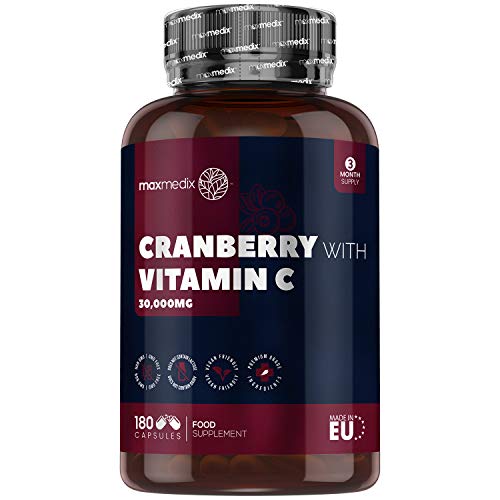 Arándano Rojo Cápsulas 30.000 mg 180 Cápsulas- Suplemento Natural con Vitamina C del Ácido Ascórbico, Extracto de Arándano Rojo Concentrado 50:1 de Alta Absorción, Suministro Para 3 Meses