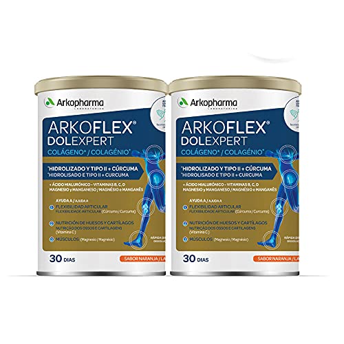 Arkopharma Arkoflex Dolexpert Colágeno Hidrolizado tipo I y II Pack 60 Días, Sabor Naranja, Bote 390gr x2, Articulaciones, Huesos y Músculos, Ácido hialurónico