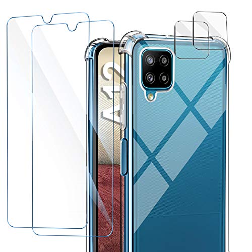 AROYI Funda Compatible con Samsung Galaxy A12 / A12 Nacho / M12, 2 Pack Cristal Templado y 2 Pack Lente de cámara, Carcasa Suave TPU Silicona Airbag Anti-Choque - Transparente