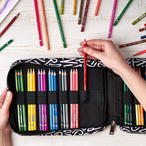 Arteza Estuche para lápices de arte | 64 ranuras elásticas | Capacidad para 205 lápices | Diseño unisex en blanco y negro | Ideal para cualquier edad | Apto para bolígrafos y rotuladores